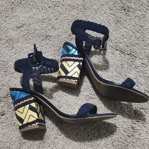 Crown Vintage Braided Strap Block Heel Sandals - Navy and Yellow